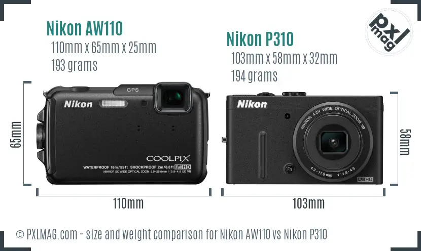 Nikon AW110 vs Nikon P310 size comparison