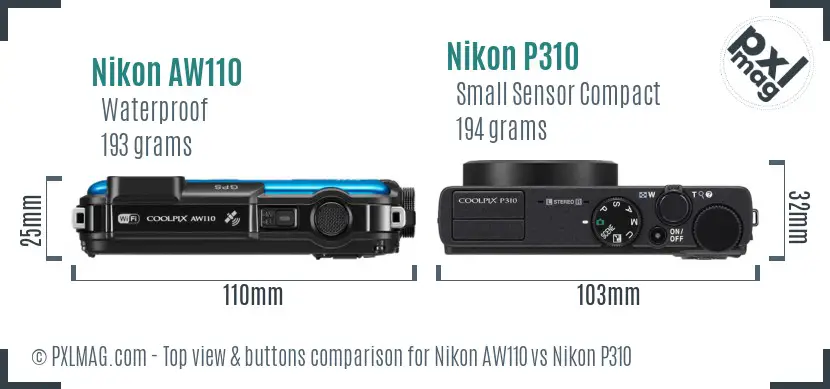Nikon AW110 vs Nikon P310 top view buttons comparison