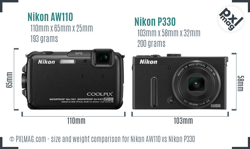 Nikon AW110 vs Nikon P330 size comparison