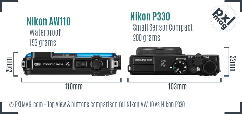 Nikon AW110 vs Nikon P330 top view buttons comparison