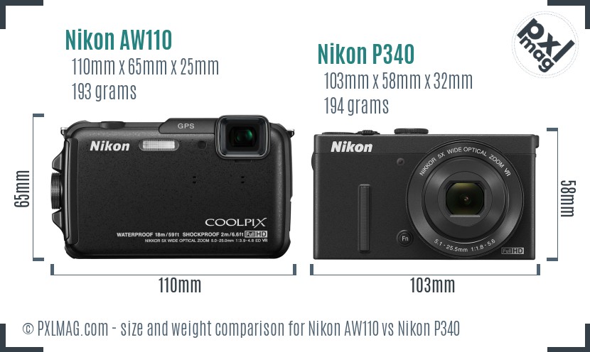 Nikon AW110 vs Nikon P340 size comparison Nikon AW110 vs Nikon P340 size comparison