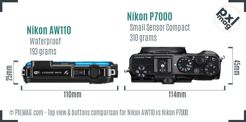 Nikon AW110 vs Nikon P7000 top view buttons comparison