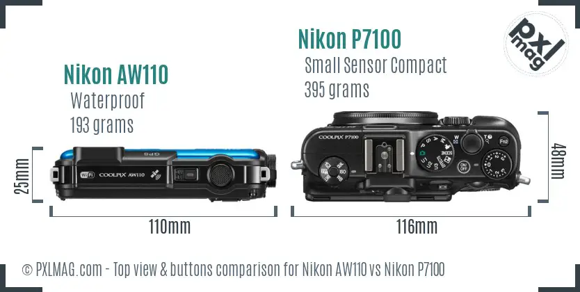 Nikon AW110 vs Nikon P7100 top view buttons comparison Nikon AW110 vs Nikon P7100 top view buttons comparison