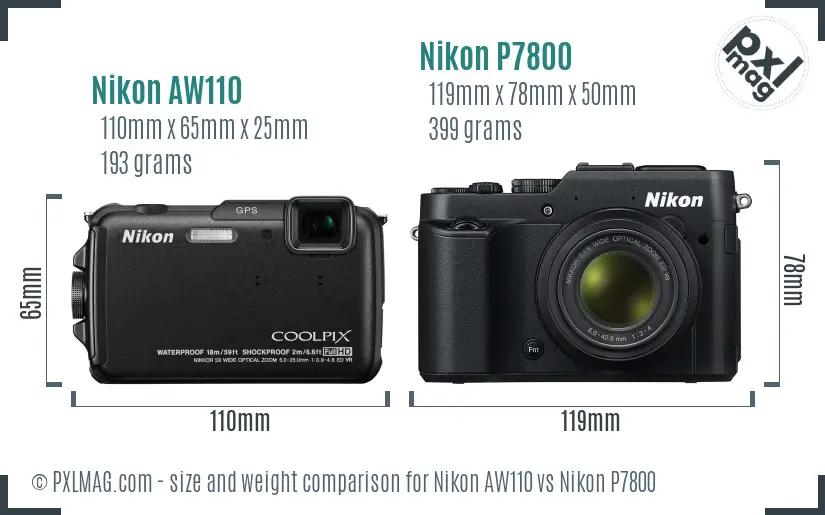 Nikon AW110 vs Nikon P7800 size comparison Nikon AW110 vs Nikon P7800 size comparison