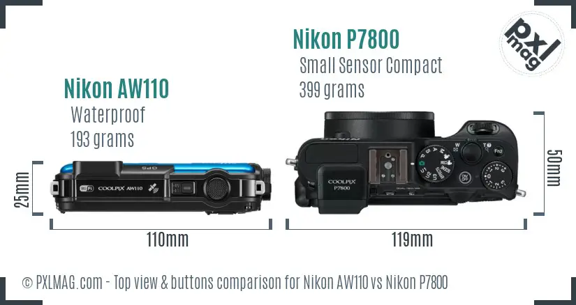 Nikon AW110 vs Nikon P7800 top view buttons comparison Nikon AW110 vs Nikon P7800 top view buttons comparison