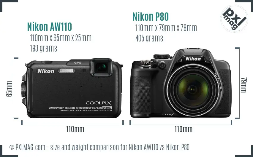 Nikon AW110 vs Nikon P80 size comparison