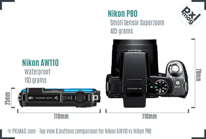 Nikon AW110 vs Nikon P80 top view buttons comparison