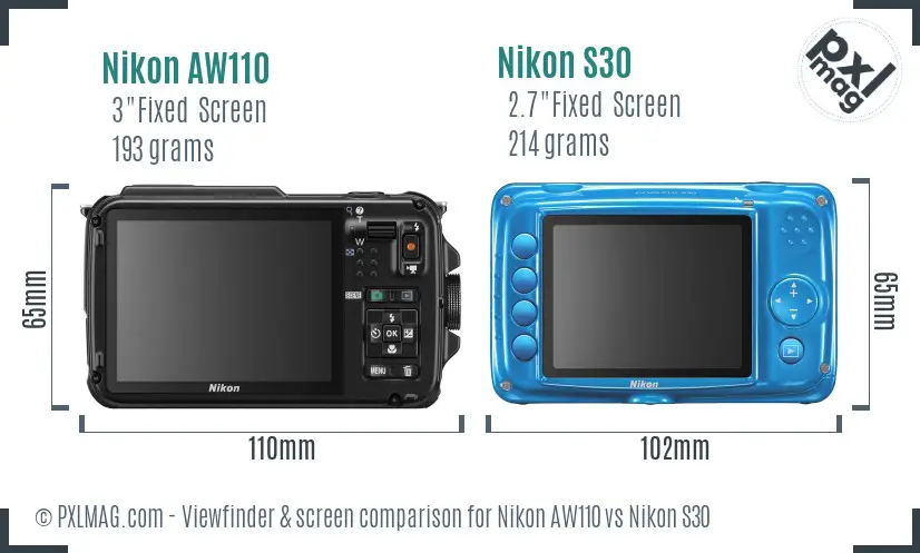 Nikon AW110 vs Nikon S30 Screen and Viewfinder comparison