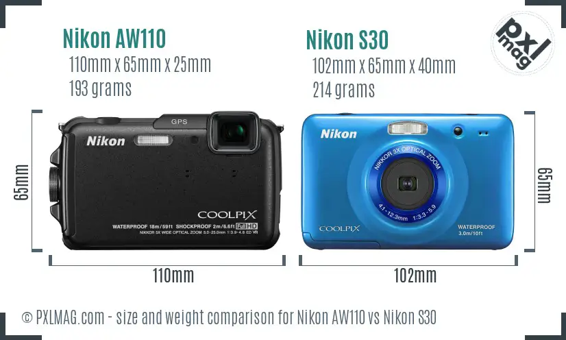 Nikon AW110 vs Nikon S30 size comparison