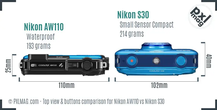 Nikon AW110 vs Nikon S30 top view buttons comparison