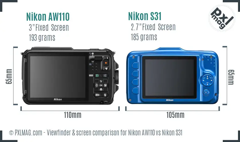 Nikon AW110 vs Nikon S31 Screen and Viewfinder comparison