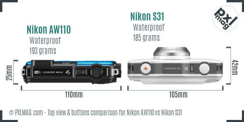 Nikon AW110 vs Nikon S31 top view buttons comparison