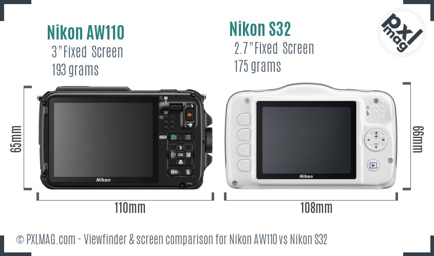 Nikon AW110 vs Nikon S32 Screen and Viewfinder comparison
