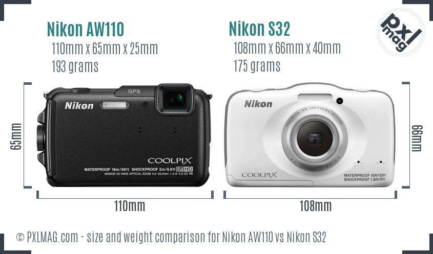 Nikon AW110 vs Nikon S32 size comparison