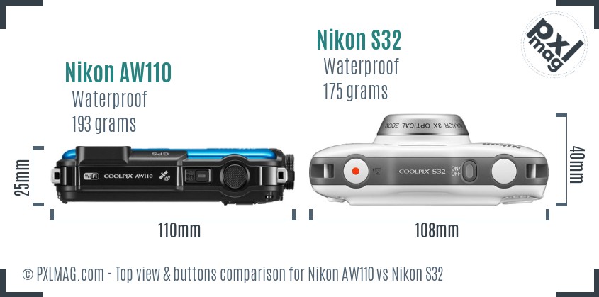Nikon AW110 vs Nikon S32 top view buttons comparison