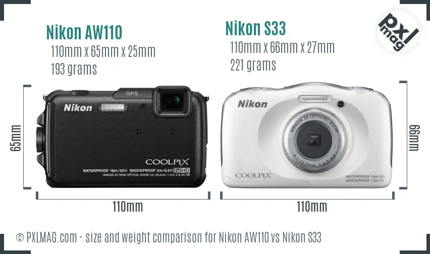 Nikon AW110 vs Nikon S33 size comparison