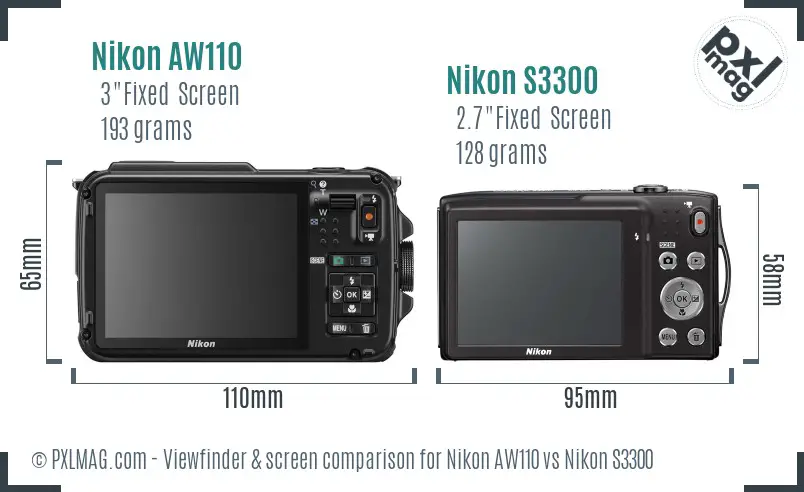 Nikon AW110 vs Nikon S3300 Screen and Viewfinder comparison