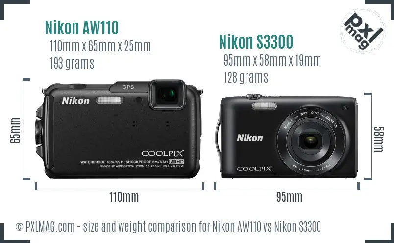 Nikon AW110 vs Nikon S3300 size comparison