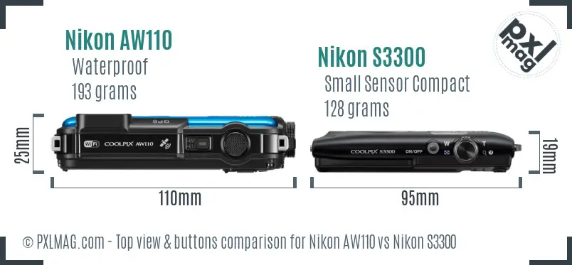 Nikon AW110 vs Nikon S3300 top view buttons comparison