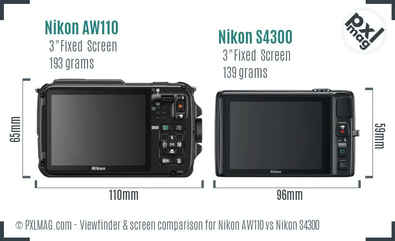 Nikon AW110 vs Nikon S4300 Screen and Viewfinder comparison