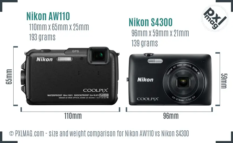 Nikon AW110 vs Nikon S4300 size comparison