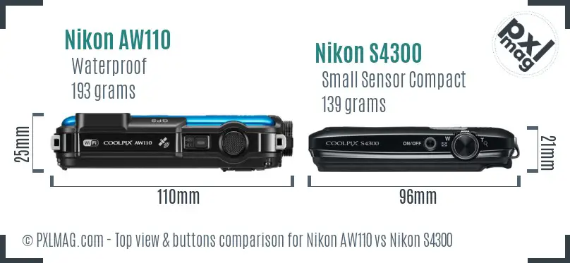Nikon AW110 vs Nikon S4300 top view buttons comparison