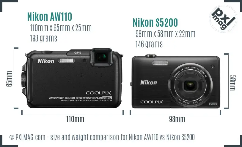 Nikon AW110 vs Nikon S5200 size comparison