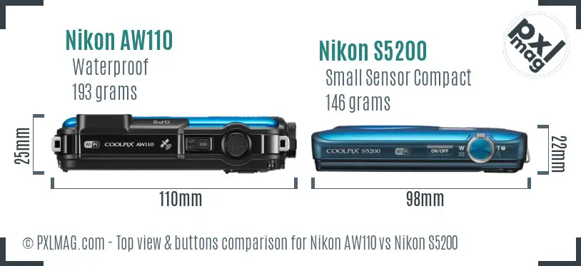 Nikon AW110 vs Nikon S5200 top view buttons comparison