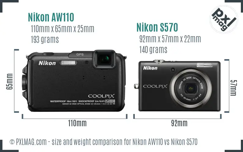 Nikon AW110 vs Nikon S570 size comparison