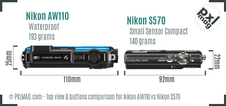 Nikon AW110 vs Nikon S570 top view buttons comparison