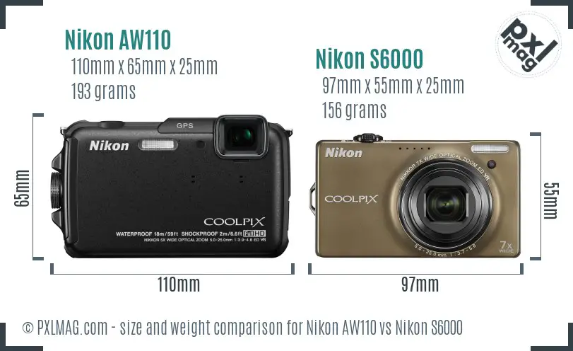 Nikon AW110 vs Nikon S6000 size comparison