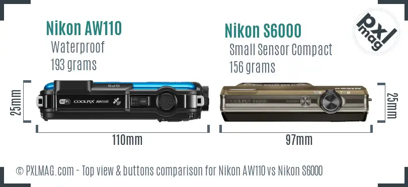Nikon AW110 vs Nikon S6000 top view buttons comparison