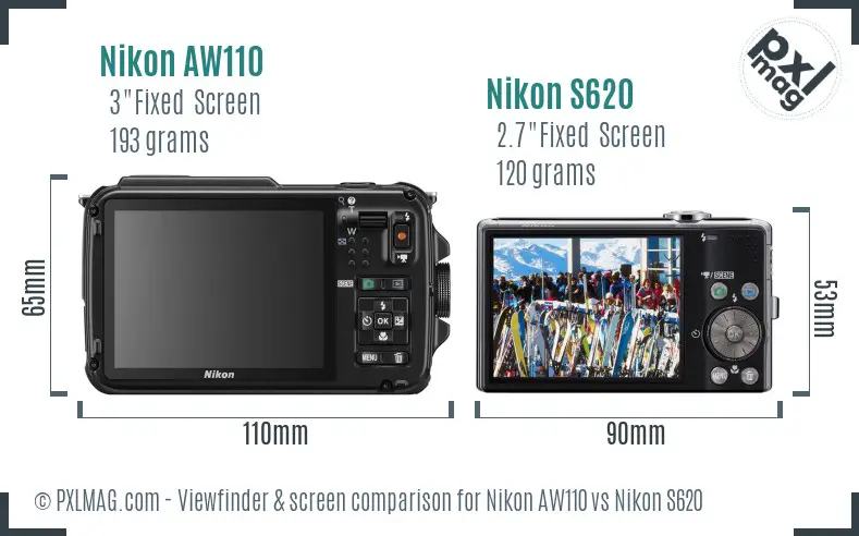 Nikon AW110 vs Nikon S620 Screen and Viewfinder comparison