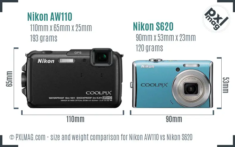 Nikon AW110 vs Nikon S620 size comparison