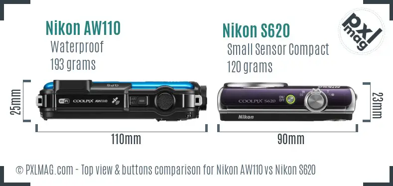 Nikon AW110 vs Nikon S620 top view buttons comparison