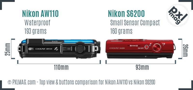 Nikon AW110 vs Nikon S6200 top view buttons comparison
