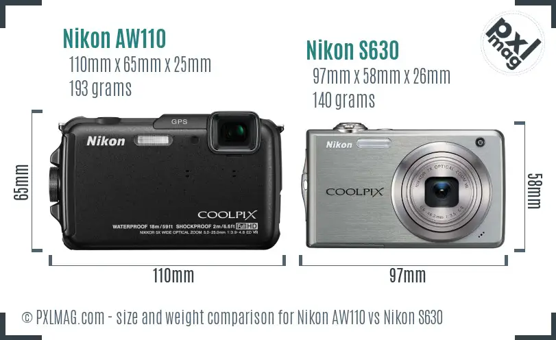 Nikon AW110 vs Nikon S630 size comparison Nikon AW110 vs Nikon S630 size comparison