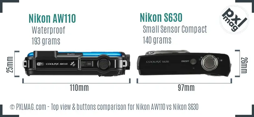 Nikon AW110 vs Nikon S630 top view buttons comparison Nikon AW110 vs Nikon S630 top view buttons comparison