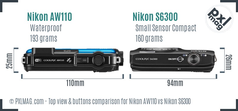 Nikon AW110 vs Nikon S6300 top view buttons comparison