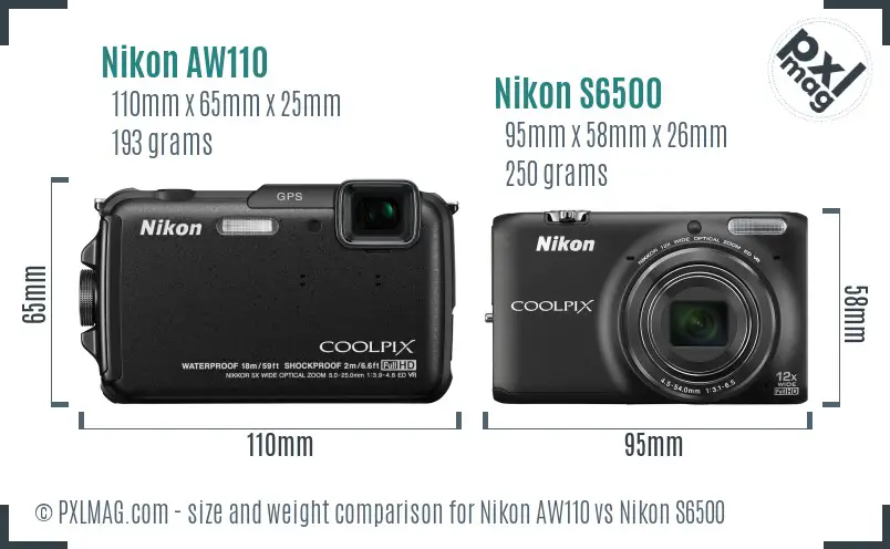 Nikon AW110 vs Nikon S6500 size comparison