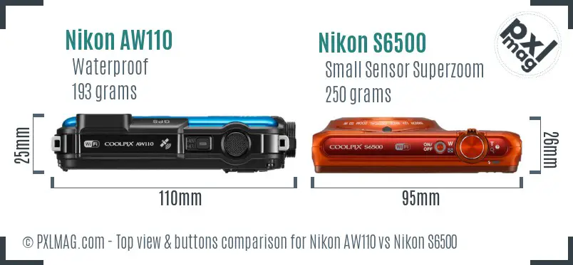 Nikon AW110 vs Nikon S6500 top view buttons comparison