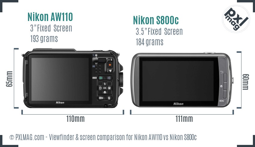 Nikon AW110 vs Nikon S800c Screen and Viewfinder comparison