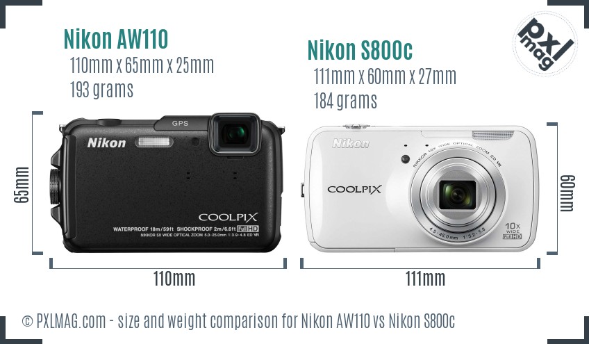 Nikon AW110 vs Nikon S800c size comparison