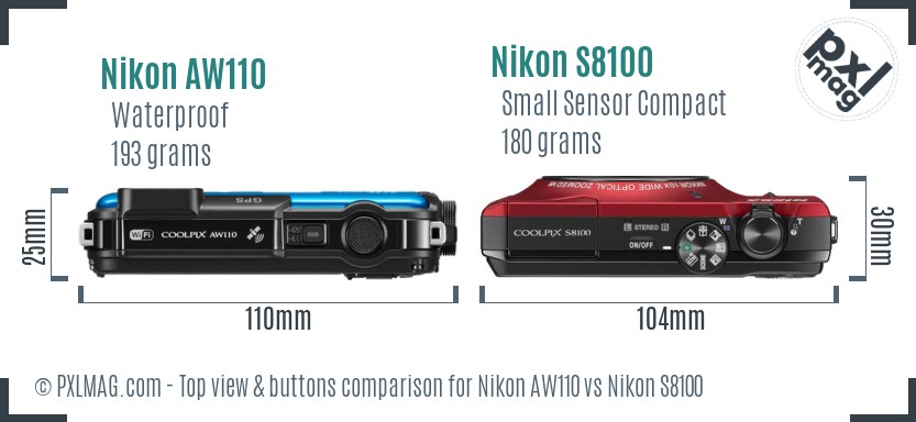 Nikon AW110 vs Nikon S8100 top view buttons comparison