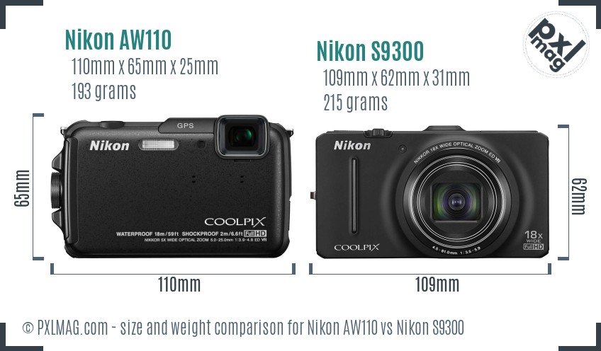 Nikon AW110 vs Nikon S9300 size comparison Nikon AW110 vs Nikon S9300 size comparison