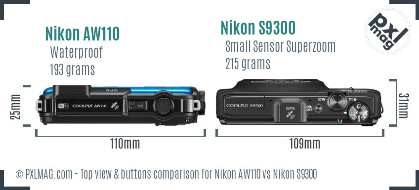 Nikon AW110 vs Nikon S9300 top view buttons comparison