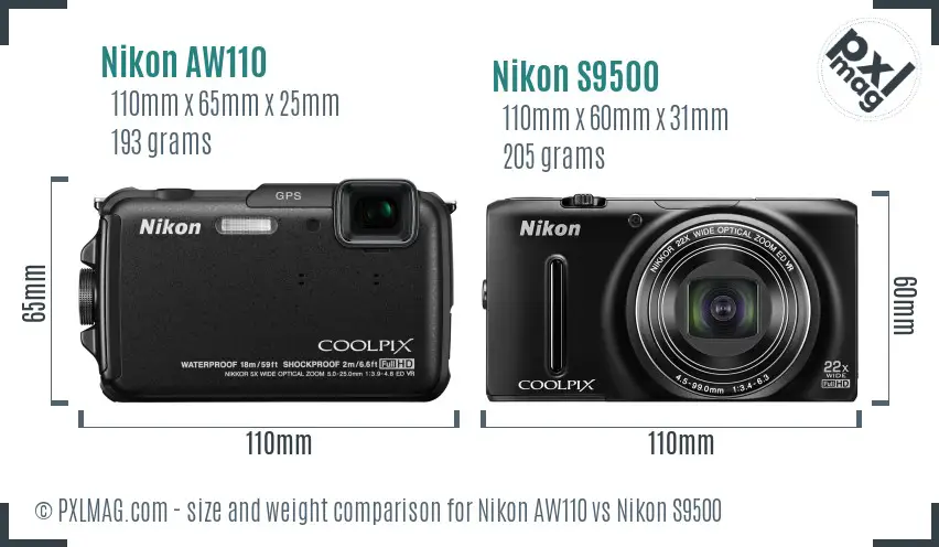 Nikon AW110 vs Nikon S9500 size comparison