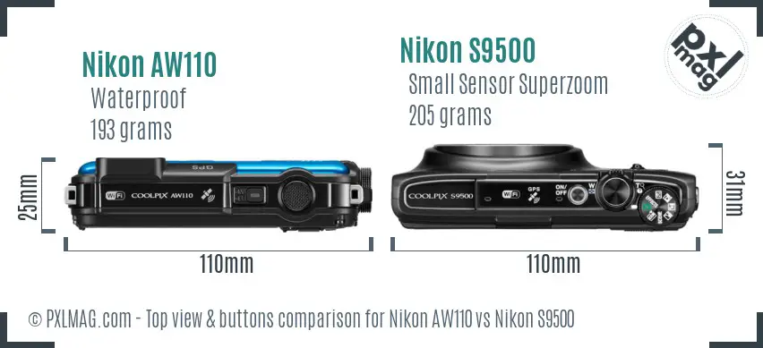 Nikon AW110 vs Nikon S9500 top view buttons comparison