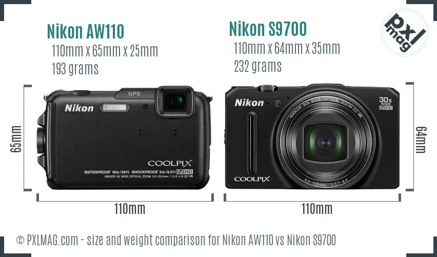 Nikon AW110 vs Nikon S9700 size comparison