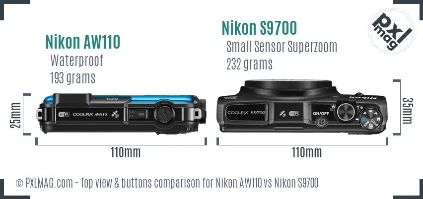 Nikon AW110 vs Nikon S9700 top view buttons comparison